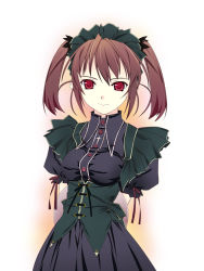 Rule 34 | 1girl, arms behind back, breasts, brown hair, cowboy shot, dress, female focus, goth fashion, murakami suigun, red eyes, ribbon, solo, standing, twintails, waitress, white background