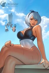 Rule 34 | 1girl, 2b (nier:automata), artist logo, artist name, astrowolf, blue eyes, blue sky, bob cut, bottle, breasts, cleavage cutout, clothing cutout, cloud, commentary, crossed legs, english commentary, hairband, highres, holding, holding bottle, large breasts, leotard, lotion bottle, mole, mole under mouth, nier:automata, nier (series), on bench, outdoors, parted lips, pod (nier:automata), robot, short hair, sitting, sky, solo, teeth, thighs, two-tone leotard, wet, white hair