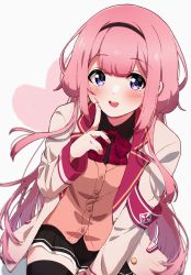 Rule 34 | 1girl, armband, black hairband, black skirt, blazer, blush, bow, brown cardigan, cardigan, commentary request, cowboy shot, finger to cheek, hairband, heart, highres, jacket, long hair, looking at viewer, nijisanji, open clothes, open jacket, open mouth, pink hair, plaid, plaid bow, plaid neckwear, purple eyes, reikakrzk, simple background, sitting, skirt, smile, solo, suo sango, thighhighs, virtual youtuber, white background, white jacket, zettai ryouiki