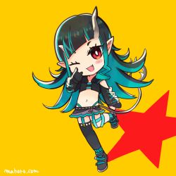 Rule 34 | 1girl, aura (a440), belt, belt bra, black footwear, black gloves, black hair, black jacket, black skirt, black thighhighs, blue belt, blue hair, blue socks, blunt bangs, blush, chest belt, chibi, clothing cutout, commentary request, cropped jacket, cross-laced clothes, cross-laced sleeves, demon girl, demon horns, demon tail, fang, flat chest, full body, garter straps, gloves, grey skirt, horns, jacket, layered skirt, leg up, long hair, long sleeves, looking at viewer, midriff, multicolored hair, nanashi inc., navel, one eye closed, open clothes, open jacket, open mouth, partially fingerless gloves, pointy ears, red eyes, red star, shishio chris, shoes, shoulder cutout, single thighhigh, skirt, smile, sneakers, socks, solo, star (symbol), sugar lyric, tail, thighhighs, two-tone hair, virtual youtuber, yellow background, zipper skirt