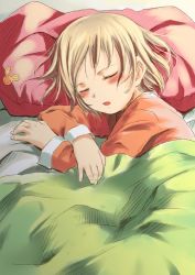 Rule 34 | 1girl, bed, blanket, blonde hair, blush, closed eyes, open mouth, original, pajamas, pillow, sleeping, sody, solo