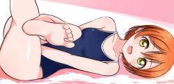 Rule 34 | 1girl, :d, barefoot, blue one-piece swimsuit, breasts, foreshortening, green eyes, hair between eyes, hoshizora rin, looking at viewer, love live!, love live! school idol festival, love live! school idol project, one-piece swimsuit, open mouth, orange hair, pink background, school swimsuit, short hair, small breasts, smile, soles, solo, swimsuit, two-tone background, wewe, white background