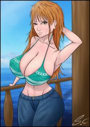 Rule 34 | absurdres, armpit hair, armpits, bikini, bikini top only, breasts, cleavage, clothing cutout, denim, highres, huge breasts, jeans, large breasts, nami (one piece), one piece, pants, piercing, pirate, pubic hair, red hair, sussychan, swimsuit, tight clothes, veins, veiny breasts, water