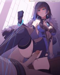 Rule 34 | 1boy, 1girl, animated, animated gif, arm support, bare shoulders, black hair, black thighhighs, blue eyes, blue hair, bracelet, breasts, closed mouth, crotch zipper, diagonal bangs, dice, earrings, elbow gloves, erection, genshin impact, gloves, hetero, indoors, jacket, jacket on shoulders, jewelry, large breasts, mole, mole on breast, penis, penis on pussy, short hair, single elbow glove, smile, solo focus, thighhighs, uncensored, waero, white jacket, yelan (genshin impact), zipper