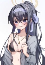 1girl bags_under_eyes black_hair blue_archive ena_(enanong) hairband halo highres looking_at_viewer ponytail purple_eyes purple_hairband simple_background single_bare_shoulder solo ui_(blue_archive) ui_(swimsuit)_(blue_archive) white_background