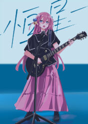 Rule 34 | 1girl, black dress, blue eyes, bocchi the rock!, boots, dress, gotoh hitori, gradient background, guitar, hair ornament, highres, holding, holding instrument, instrument, long hair, looking at viewer, microphone stand, music, open mouth, pink dress, pink hair, roah (user pgea4834), singing, solo