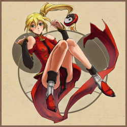 Rule 34 | 1girl, alternate hairstyle, arc system works, bare legs, bare shoulders, blazblue, blonde hair, blush stickers, boots, chinese clothes, cosplay, detached sleeves, dress, green eyes, hair ornament, litchi faye ling, litchi faye ling (cosplay), long hair, noel vermillion, panda, panties, side ponytail, solo, soojie roh, underwear, yin yang