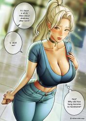 Rule 34 | 1girl, absurdres, arm at side, black choker, blurry, blush, bra, breasts, buttons, choker, cleavage, collarbone, crop top, curvy, denim, earrings, english text, feet out of frame, hair tie, hand up, highres, holding, holding phone, jeans, jewelry, large breasts, lee yena, legs together, lower teeth only, medium hair, midriff, open mouth, original, pants, parted lips, phone, pocket, ponytail, roborobocap, see-through, see-through bra, short sleeves, solo, speech bubble, standing, sweat, teeth, thighs, tile floor, tiles, twitter username, white hair