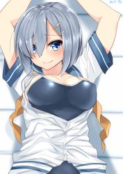 Rule 34 | 10s, 1girl, artist name, blue eyes, breasts, competition school swimsuit, competition swimsuit, hair ornament, hair over one eye, hairclip, hamakaze (kancolle), highres, kantai collection, large breasts, looking at viewer, lying, nebusoku, one-piece swimsuit, school swimsuit, school uniform, serafuku, short hair, signature, silver hair, solo, swimsuit, swimsuit under clothes