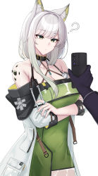 Rule 34 | 1girl, 1other, ?, absurdres, animal ear fluff, animal ears, arknights, bare shoulders, black choker, black gloves, breasts, cat ears, cellphone, choker, cleavage, closed mouth, commentary request, criss-cross halter, crossed arms, doctor (arknights), dress, gloves, green dress, green eyes, halterneck, highres, holding, holding phone, kal&#039;tsit (arknights), kanta (kanta 077), large breasts, long hair, long sleeves, looking at phone, looking at viewer, material growth, off-shoulder dress, off shoulder, oripathy lesion (arknights), phone, pov, silver hair, smartphone, solo focus, stethoscope, upper body