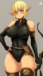 Rule 34 | 1girl, :&lt;, absurdres, annoyed, black gloves, black leotard, blonde hair, boots, bow, breasts, brown thighhighs, cameltoe, covered erect nipples, covered navel, elf, evangelyne (wakfu), eyebrows, fingerless gloves, freckles, gloves, green eyes, hand on own hip, highres, jmg, large breasts, leotard, looking at viewer, mature female, navel, nipples, pointy ears, short hair, signature, skin tight, sleeveless, thigh boots, thighhighs, thighs, wakfu