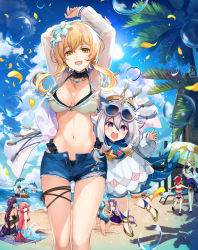 Rule 34 | 6+girls, :d, albedo (genshin impact), all fours, animal ears, arms up, beach umbrella, bead necklace, beads, bikini, bikini under clothes, blonde hair, blue hair, blue shorts, blue sky, braid, breasts, choker, cleavage, cloud, cloudy sky, commentary request, day, denim, denim shorts, dolphin, eyewear on head, floppy ears, flower, fox ears, frilled bikini, frilled choker, frills, front-tie top, ganyu (genshin impact), genshin impact, goat horns, hair flower, hair ornament, happy, hirai yuzuki, horns, jewelry, keqing (genshin impact), klee (genshin impact), large breasts, long sleeves, looking at viewer, low-braided long hair, low-tied long hair, lumine (genshin impact), multiple boys, multiple girls, navel, necklace, ocean, open clothes, open mouth, open shirt, outdoors, paimon (genshin impact), palm tree, pink hair, purple eyes, purple hair, raiden shogun, sand, sand castle, sand sculpture, see-through, see-through shirt, short hair with long locks, shorts, signature, single braid, sitting, sky, smile, stomach, summer, swimsuit, tartaglia (genshin impact), thighs, torn clothes, torn shorts, tree, twintails, umbrella, water drop, white hair, xiao (genshin impact), yae miko, zhongli (genshin impact)