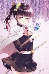 Rule 34 | 1girl, absurdres, arm up, belt, black hair, black skirt, blunt bangs, bug, butterfly, butterfly hair ornament, butterfly on hand, cape, closed mouth, colored inner hair, cowboy shot, flower, hair ornament, haruki (colorful macaron), highres, insect, jacket, katana, kimetsu no yaiba, long hair, long sleeves, looking at object, looking at viewer, multicolored hair, petals, pink hair, pleated skirt, purple eyes, side ponytail, signature, skirt, smile, solo, sword, tsuyuri kanao, weapon, white belt, wisteria