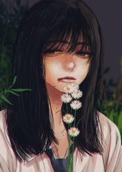 Rule 34 | 1girl, black hair, blood, blood from mouth, blue necktie, closed mouth, flower, grey eyes, highres, holding, holding flower, hoshi san 3, long hair, looking at viewer, mole, mole under eye, mole under mouth, necktie, original, shirt, solo, white flower, white shirt