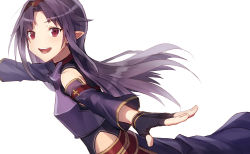 Rule 34 | 1girl, :d, absurdres, armor, black gloves, breastplate, detached sleeves, emoemon, fingerless gloves, floating hair, from side, gloves, hair intakes, hairband, highres, long hair, long skirt, long sleeves, open mouth, outstretched arms, pointy ears, purple armor, purple hair, purple skirt, purple sleeves, red eyes, red hairband, simple background, sketch, skirt, smile, solo, sword art online, upper body, white background, yuuki (sao)