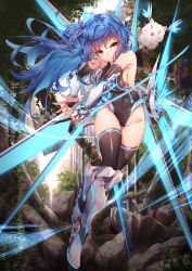 Rule 34 | 1girl, absurdres, armored boots, backlighting, black leotard, black thighhighs, blue hair, boots, breasts, closed mouth, covered navel, creature, day, de da xianyu, detached sleeves, highres, hip focus, holding, holding sword, holding weapon, leotard, long hair, looking at viewer, making-of available, mecha musume, medium breasts, one side up, original, outdoors, red eyes, serious, sidelocks, solo, sword, thighhighs, thighs, tsurime, weapon
