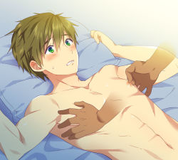 Rule 34 | 10s, 1boy, abs, arms up, blush, brown hair, disembodied limb, free!, green eyes, kyoto animation, lying, male focus, mo (nmnme), multiple boys, navel, nipple stimulation, nipple tweak, nipples, on back, open mouth, pillow, pillow grab, short hair, solo focus, sweat, tachibana makoto, toned, topless male, yaoi