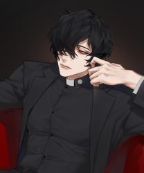 Rule 34 | 1boy, beelzebub (shuumatsu no valkyrie), black hair, hair over one eye, highres, looking to the side, male focus, muscular, muscular male, pectorals, priest, red eyes, short hair, shuumatsu no valkyrie, sitting, thick thighs, thighs
