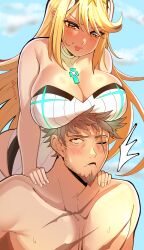 Rule 34 | 1boy, 1girl, bare shoulders, blonde hair, blush, breast focus, breasts, ceroccb, chest jewel, cleavage, collarbone, core crystal (xenoblade), couple, facial hair, gem, hair ornament, headpiece, hetero, highres, huge breasts, husband and wife, jewelry, large breasts, large pectorals, long hair, mature male, mythra (radiant beach) (xenoblade), mythra (xenoblade), one-piece swimsuit, open mouth, pectorals, rex (xenoblade), scar, scar across eye, shiny skin, short hair, smile, spiked hair, strapless, strapless one-piece swimsuit, sweatdrop, swept bangs, swimsuit, tsundere, very long hair, white one-piece swimsuit, xenoblade chronicles (series), xenoblade chronicles 2, xenoblade chronicles 3, xenoblade chronicles 3: future redeemed, yellow eyes