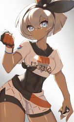 Rule 34 | 1girl, bea (pokemon), black bodysuit, black hairband, blonde hair, blue eyes, bodysuit, bodysuit under clothes, bow hairband, breasts, clenched hand, closed mouth, collared shirt, commentary, covered abs, covered navel, cowboy shot, creatures (company), dynamax band, eyelashes, game freak, gloves, hair between eyes, hairband, hand up, highres, holding, holding poke ball, looking at viewer, nintendo, nuneno, partially fingerless gloves, poke ball, pokemon, pokemon swsh, print shirt, print shorts, shiny skin, shirt, short hair, short sleeves, shorts, side slit, side slit shorts, single glove, solo, symbol-only commentary, ultra ball