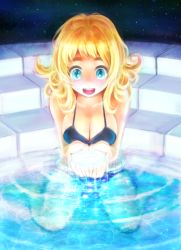 Rule 34 | 1girl, :d, bikini, black bikini, blonde hair, blue eyes, blue hair, breasts, cleavage, cupping hands, curly hair, eyebrows, highres, long hair, matching hair/eyes, open mouth, original, own hands together, partially submerged, pool, short hair, sitting, ska, smile, solo, submerged, swimsuit, wariza, water