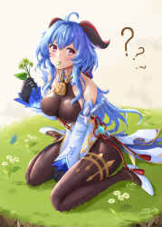 Rule 34 | 1girl, ?, absurdres, ahoge, bare shoulders, bell, black gloves, black legwear, blue hair, blush, bodystocking, bow, breasts, chinese knot, detached sleeves, eating flower, flower, flower knot, full body, ganyu (genshin impact), genshin impact, gloves, gold trim, h yoruneko, high heels, highres, holding, holding flower, horns, large breasts, long hair, looking at viewer, neck bell, purple eyes, qingxin flower, sidelocks, solo, tassel, thighlet, vision (genshin impact), white flower, white sleeves