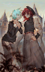 Rule 34 | 2others, alternate costume, androgynous, aqua eyes, aqua hair, black headwear, black shirt, black sweater, building, cinnabar (houseki no kuni), closed mouth, coat, collared shirt, contemporary, dalahast, day, eye contact, feet out of frame, frown, grey coat, grey pants, hat, holding hands, houseki no kuni, leaning forward, long sleeves, looking at another, medium hair, multiple others, nail polish, outdoors, pants, pants rolled up, phosphophyllite, pleated pants, profile, red eyes, red hair, red nails, shawl, shirt, shoes, short hair, smile, standing, sweater, tower, turtleneck, turtleneck sweater, untucked shirt, white shirt