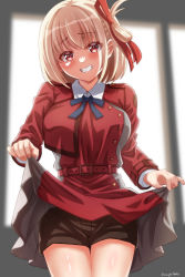Rule 34 | 1girl, absurdres, bike shorts, bike shorts under skirt, blonde hair, blush, breasts, clothes lift, dress, dress lift, grin, hair ornament, highres, large breasts, lifted by self, looking at viewer, lycoris recoil, lycoris uniform, nishikigi chisato, presenting, red eyes, smile, solo, thighs, twitter username, two-tone dress, yomo