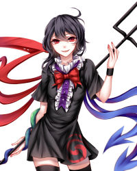 Rule 34 | 1girl, absurdres, asymmetrical hair, asymmetrical wings, bad id, bad pixiv id, black dress, black hair, black thighhighs, bow, breasts, cowboy shot, dress, head tilt, highres, holding, holding behind back, houjuu nue, looking at viewer, nail polish, open mouth, polearm, red eyes, red nails, sheya, short dress, short hair, short sleeves, simple background, small breasts, smile, snake, solo, thighhighs, touhou, trident, weapon, white background, wings, wristband, zettai ryouiki