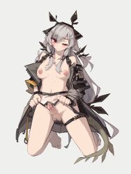 Rule 34 | 1futa, absurdres, arknights, bare shoulders, barefoot, blush, breasts, censored, closed mouth, commentary, english commentary, erection, full body, futanari, grey background, grey hair, grey jacket, highres, jacket, kneeling, long hair, long sleeves, looking at viewer, medium breasts, navel, newhalf, nipples, one eye closed, open clothes, open jacket, penis, precum, red eyes, see-through, simple background, solo, tail, testicles, togekk0, uncensored, weedy (arknights)