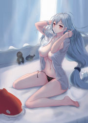 Rule 34 | 1girl, arknights, bare legs, barefoot, black panties, blush, breasts, character doll, commentary, curtains, doctor (arknights), grey hair, hatsuki (hatsukiwork), highres, indoors, inflatable orca, inflatable toy, large breasts, long hair, low-tied long hair, navel, no headwear, open clothes, open shirt, panties, red eyes, shirt, short sleeves, sitting, skadi (arknights), solo, stomach, thighs, underwear, very long hair, wariza, white shirt