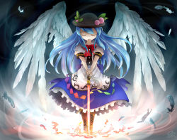 Rule 34 | 1girl, apron, blue hair, boots, cross-laced footwear, closed eyes, feathers, female focus, fire, hat, hinanawi tenshi, kurashiki nanka, lace-up boots, long hair, open mouth, ribbon, short sleeves, solo, sword of hisou, tahwnacl, touhou, very long hair, wings