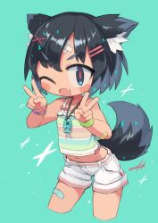 Rule 34 | 1girl, :3, animal ear fluff, animal ears, bandaid, bandaid on arm, bandaid on face, bandaid on forehead, bandaid on leg, black eyes, black hair, blush, bracelet, breasts, cropped legs, double v, fang, fish pendant, green eyes, hair ornament, hairclip, highres, jewelry, looking at viewer, midriff, nanatsuta, navel, one eye closed, open mouth, original, pendant, red pupils, short hair, short shorts, shorts, simple background, small breasts, solo, tail, tank top, v, white shorts, x hair ornament