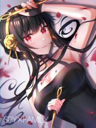 Rule 34 | 1girl, absurdres, arm up, armpits, black dress, black gloves, black hair, blush, breasts, closed mouth, commentary, dagger, dress, earrings, fingerless gloves, flower, glint, gloves, gold earrings, gold hairband, hair flower, hair ornament, hairband, highres, holding, holding dagger, holding knife, holding weapon, jewelry, knife, large breasts, looking at viewer, off-shoulder dress, off shoulder, petals, red eyes, short hair with long locks, sleeveless, sleeveless dress, smile, solo, spy x family, stiletto (weapon), symbol-only commentary, umishima rinta, upper body, weapon, yellow flower, yor briar
