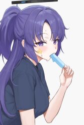 Rule 34 | 1girl, absurdres, black halo, black shirt, blue archive, blue hair, blush, boneseing, breasts, commentary, food, from side, grey background, halo, highres, holding, holding food, holding popsicle, hot, long hair, looking at viewer, mechanical halo, medium breasts, official alternate costume, parted bangs, ponytail, popsicle, purple eyes, red pupils, shirt, short sleeves, simple background, solo, star sticker, sweat, symbol-only commentary, t-shirt, upper body, yuuka (blue archive), yuuka (track) (blue archive)