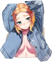 Rule 34 | 1girl, absurdres, arms up, blonde hair, blush, breasts, cropped torso, denim, denim jacket, green eyes, hair ornament, hairclip, highres, jacket, long sleeves, medium breasts, nintendo, no bra, open clothes, open jacket, parted bangs, pointy ears, princess zelda, simple background, smile, solo, suk180, sweatdrop, the legend of zelda, the legend of zelda: breath of the wild, the legend of zelda: tears of the kingdom, white background
