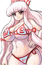 Rule 34 | 1girl, absurdres, bow, breasts, cleavage, closed mouth, commentary, cowboy shot, english commentary, fujiwara no mokou, groin, hair bow, highres, large breasts, long hair, looking at viewer, profitshame, red eyes, sidelocks, simple background, smile, solo, touhou, white background, white bow, white hair