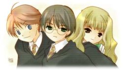 Rule 34 | 1girl, 2boys, animification, bad source, black hair, black robe, blonde hair, blue eyes, book, book stack, brown eyes, brown necktie, collared shirt, diagonal-striped clothes, diagonal-striped necktie, glasses, green eyes, harry potter, harry potter (series), hermione granger, hogwarts school uniform, holding, holding book, koge donbo, long hair, looking at viewer, looking back, lowres, multiple boys, necktie, orange hair, parted lips, robe, ron weasley, round eyewear, scar, scar on face, scar on forehead, school uniform, shirt, signature, smile, standing, striped clothes, striped necktie, upper body, white shirt, wizarding world
