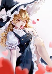 Rule 34 | 1girl, arm support, black hat, black skirt, black vest, blonde hair, blouse, blush, bow, breasts, buttons, commentary request, eating, eyelashes, frilled hat, frilled skirt, frills, hat, hat bow, heart, highres, hoshiringo0902, kirisame marisa, lips, long hair, open mouth, puffy short sleeves, puffy sleeves, shirt, short sleeves, simple background, sitting, skirt, small breasts, solo, touhou, turtleneck, vest, wavy hair, white background, white shirt, witch, witch hat, yellow eyes