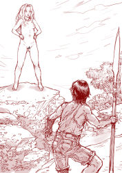 Rule 34 | 1boy, 1girl, artist request, blush, breasts, censored, monochrome, nude, polearm, sketch, spear, standing, tagme, weapon