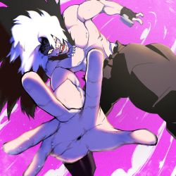 Rule 34 | 1boy, abs, black pants, boku no hero academia, cape, evil grin, evil smile, flying, grin, highres, laughing, long hair, looking at viewer, looking down, muscular, muscular arms, muscular male, no shirt, pants, pectorals, red eyes, scar, shigaraki tomura, smile, solo, threatening, white hair