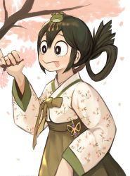 Rule 34 | 1girl, absurdres, asui tsuyu, black eyes, black hair, boku no hero academia, bright pupils, cherry blossoms, frog hair ornament, hair between eyes, hair ornament, hanbok, highres, korean clothes, long hair, long sleeves, ponytail, simple background, solo, sookmo, tongue, tongue out, tree, upper body, white background, white pupils