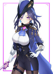 Rule 34 | 1girl, black pantyhose, black skirt, breasts, cape, clorinde (genshin impact), commentary, corset, cowboy shot, earrings, garter straps, genshin impact, gloves, hand on own hip, hat, highres, holding, holding sword, holding weapon, jewelry, large breasts, long hair, looking at viewer, miniskirt, pantyhose, pencil skirt, purple cape, purple eyes, purple hair, shirt, skirt, solo, standing, sword, thigh strap, thighs, tricorne, weapon, white background, white gloves, white shirt, xsan vanny