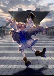 Rule 34 | 1girl, arms up, black footwear, blue dress, blue hair, boots, closed eyes, cloud, dress, floating hair, grey hair, hair over one eye, happy, high heel boots, high heels, highres, holding, isekai joucho, jumping, kamitsubaki studio, long hair, multicolored hair, open mouth, outdoors, overcast, pantyhose, photo background, poppy (haraheri 0011), sky, smile, solo, tokyo big sight, two-tone dress, two-tone hair, virtual youtuber, white dress, white pantyhose