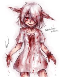 Rule 34 | 1girl, blood, blood on arm, blood on clothes, blood on face, blood on leg, blood stain, hair over one eye, impaled, kushizashi-chan, looking at viewer, original, pale skin, red eyes, signature, smile, solo, twitter username, watermark, white background, white hair