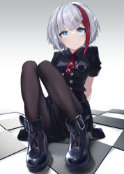 Rule 34 | 1girl, absurdres, admiral graf spee (azur lane), admiral graf spee (girl&#039;s sunday) (azur lane), admiral graf spee (girl&#039;s sunday) (azur lane), arm support, arms behind back, azur lane, black footwear, black pantyhose, black shirt, black skirt, blue eyes, boots, checkered floor, closed mouth, collared shirt, commentary, expressionless, full body, highres, knees up, multicolored hair, necktie, nta (drapa box10), pantyhose, red hair, red necktie, revision, shirt, short hair, short sleeves, silver hair, sitting, skirt, solo, streaked hair, two-tone hair