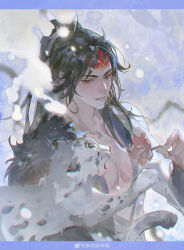 Rule 34 | 1boy, absurdres, animal, asura (onmyoji), bare pectorals, black hair, blurry, blush, braid, earrings, flower, fur trim, highres, holding, holding flower, jewelry, leopard, letterboxed, long hair, long sleeves, looking at animal, male chest, male focus, onmyoji, parted bangs, parted lips, pectorals, ponytail, red eyes, red flower, sidelocks, smile, smusmuye, snow, snow leopard, solo, solo focus, weibo logo, weibo watermark