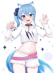 Rule 34 | 1girl, absurdres, animal collar, bandaid, bandaid hair ornament, belly, belt, black collar, blue hair, blush, claw pose, collar, cosplay, costume switch, cropped shirt, cutout above navel, dog girl, dog tail, frilled shorts, frills, hair ornament, hairband, highres, hololive, hololive english, hoshimachi suisei, miixxc, mococo abyssgard, mococo abyssgard (1st costume), mococo abyssgard (cosplay), open mouth, pink belt, pink hairband, plaid headwear, shirt, shorts, side ponytail, sleeves past elbows, spiked collar, spikes, star (symbol), star in eye, symbol in eye, tail, taut clothes, taut shirt, thighs, undersized clothes, virtual youtuber
