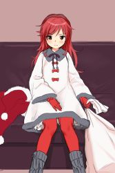 Rule 34 | 1girl, blush, chigusa asuha, closed mouth, couch, dress, feet out of frame, fur-trimmed dress, fur trim, gloves, hat, holding, holding sack, long hair, long sleeves, looking at viewer, neck ribbon, on couch, pantyhose, qualidea code, red eyes, red gloves, red hair, red pantyhose, ribbon, sack, santa hat, sekiya asami, sitting, solo, white dress