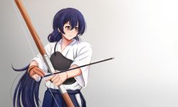 Rule 34 | 1girl, absurdres, alternate hairstyle, archery, arrow (projectile), artist name, artist request, blue hair, blue hakama, blue skirt, blush, bow (weapon), breasts, brown gloves, collarbone, female focus, fingerless gloves, gloves, grey background, hair between eyes, hair ribbon, hair tie, hakama, hakama skirt, highres, holding, holding arrow, holding bow (weapon), holding weapon, japanese clothes, kimono, kyuudou, layered skirt, long hair, long sleeves, looking at viewer, love live!, love live! school idol festival, love live! school idol project, low ponytail, miniskirt, muneate, parted lips, partially fingerless gloves, partly fingerless gloves, plaid, plaid kimono, plaid skirt, pleated, pleated skirt, ponytail, purple ribbon, ribbon, short sleeves, single glove, skirt, small breasts, smile, solo, sonoda umi, standing, weapon, white kimono, yellow eyes, yugake
